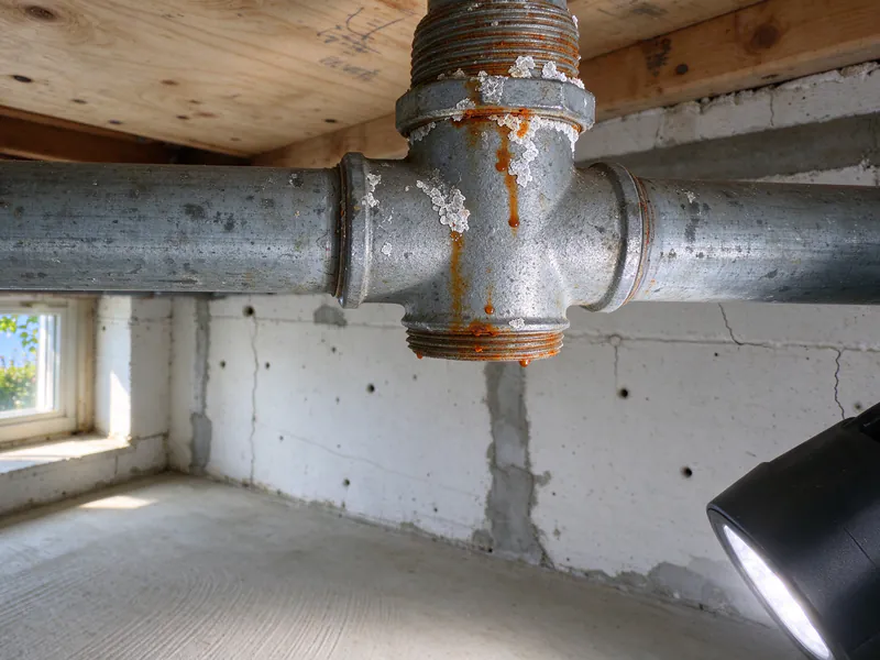 Old galvanized water pipe tee in a basement ceiling with rust and white mineral crust at its threaded joints, in a Franklin County house