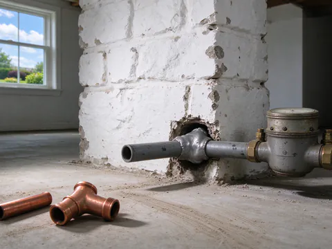 A dull gray lead service pipe with a bulbous wiped joint coming through a basement wall beside a water meter, next to a short length of new copper