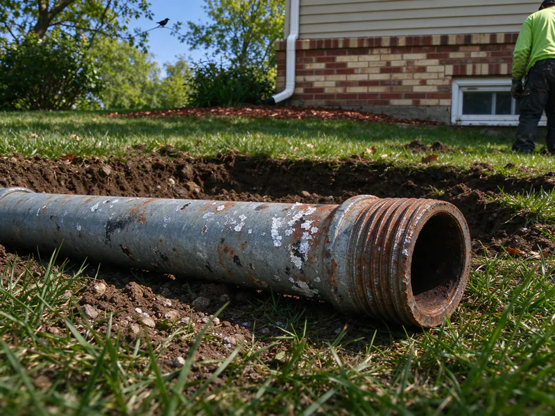 Old rusted galvanized service pipe lying on the grass beside a backfilled trench, in a Columbus house