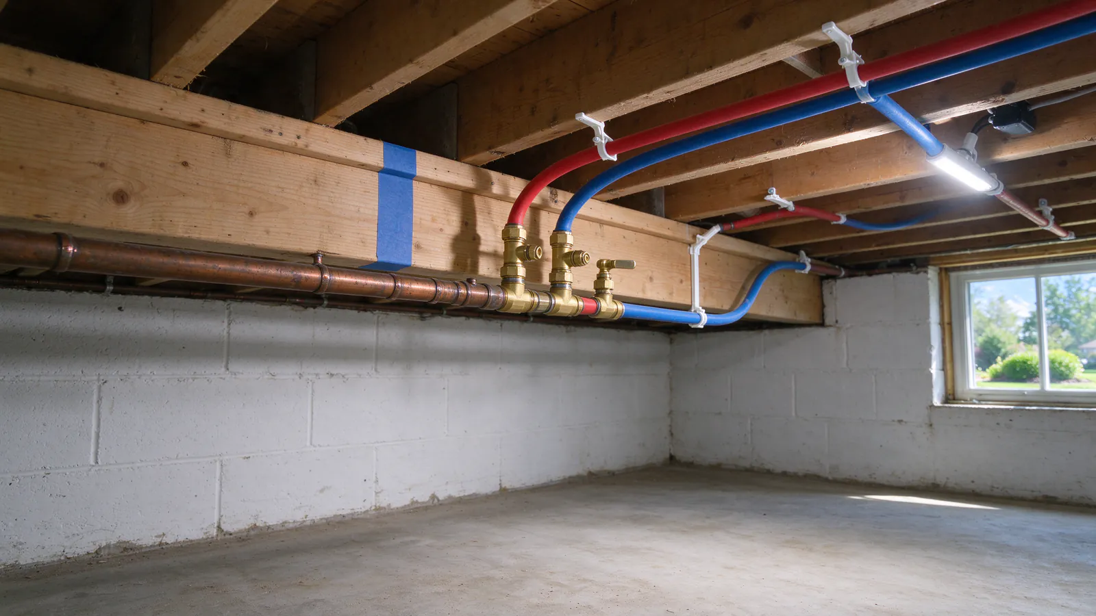 New PEX hot and cold lines joined to older copper pipe with transition fittings at a marked boundary in a basement ceiling