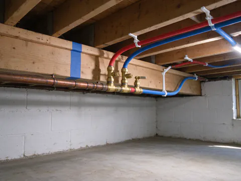 New PEX hot and cold lines joined to older copper pipe with transition fittings at a marked boundary in a basement ceiling