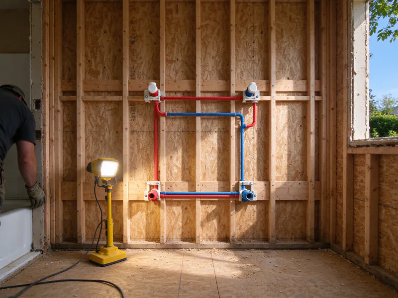 Open bathroom wall with new red and blue PEX lines ending in capped stub-outs at shower and sink heights, in a Columbus house