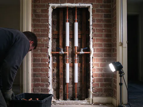 An open utility chase in an apartment corridor showing new insulated copper risers with a labeled ball valve at each floor branch