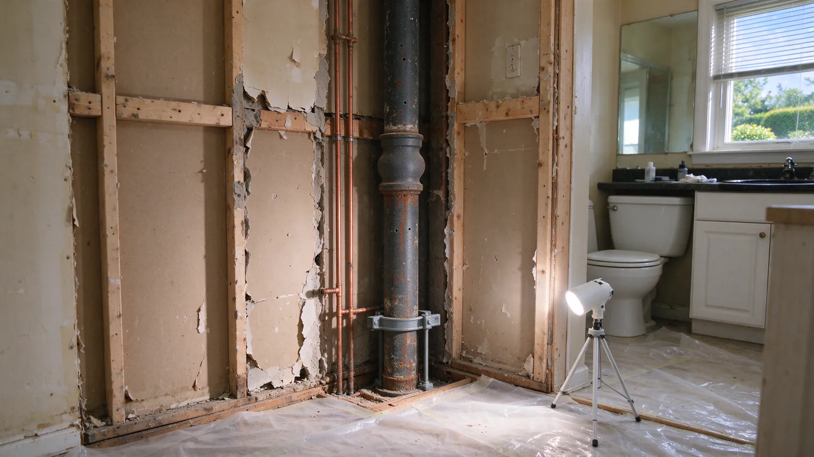 An open wall in an older house showing a rust-streaked vertical cast iron drain stack with a hub joint, held by a riser clamp at the floor
