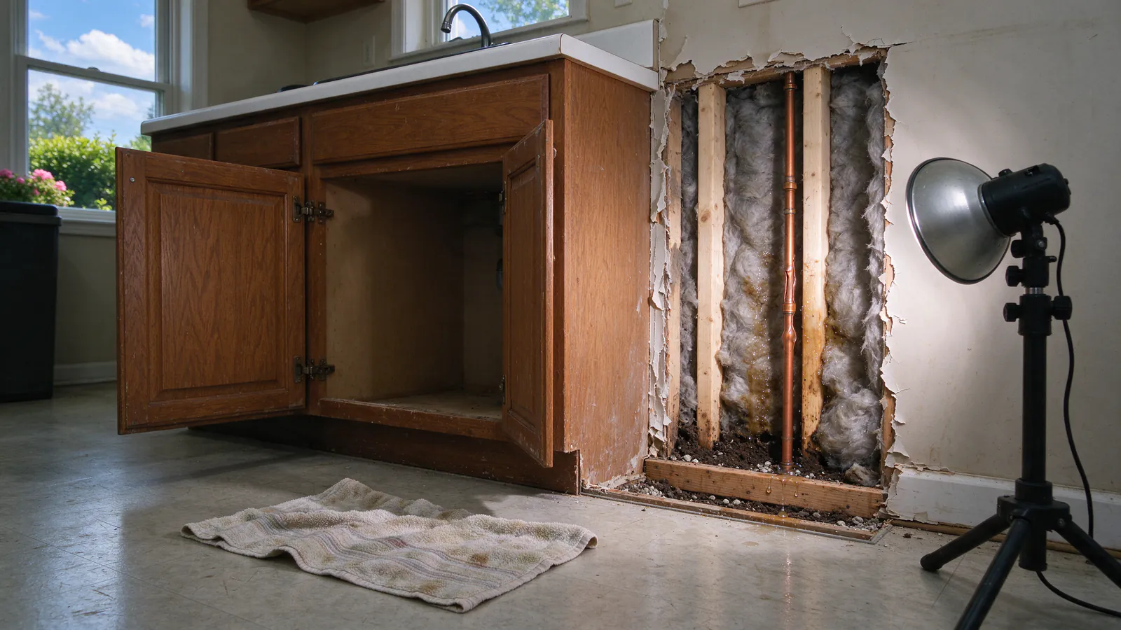 A split copper supply pipe with a lengthwise bulge, opened in a wet exterior wall cavity behind a kitchen sink