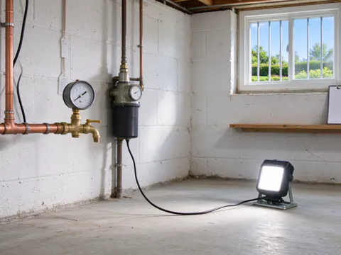 A pressure gauge threaded onto a basement hose bibb beside a water meter with its low-flow indicator visible