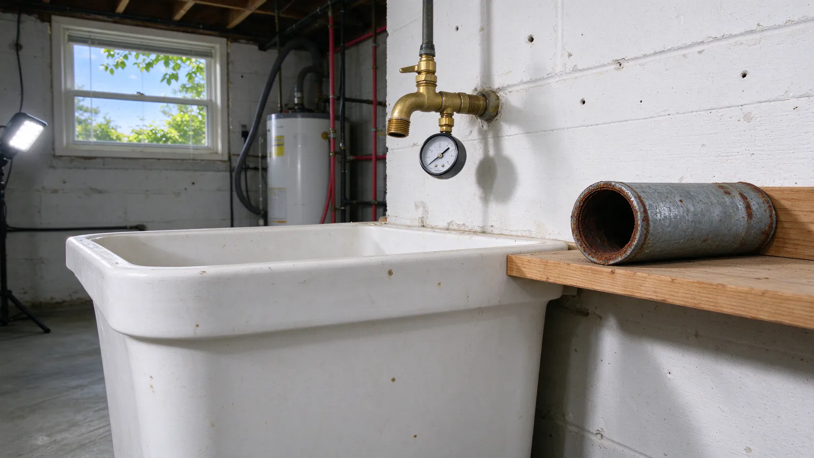 A pressure gauge on a basement laundry faucet next to a cut length of galvanized pipe with its bore nearly closed by rust scale