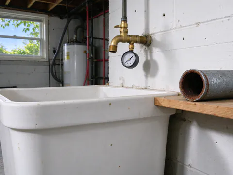A pressure gauge on a basement laundry faucet next to a cut length of galvanized pipe with its bore nearly closed by rust scale