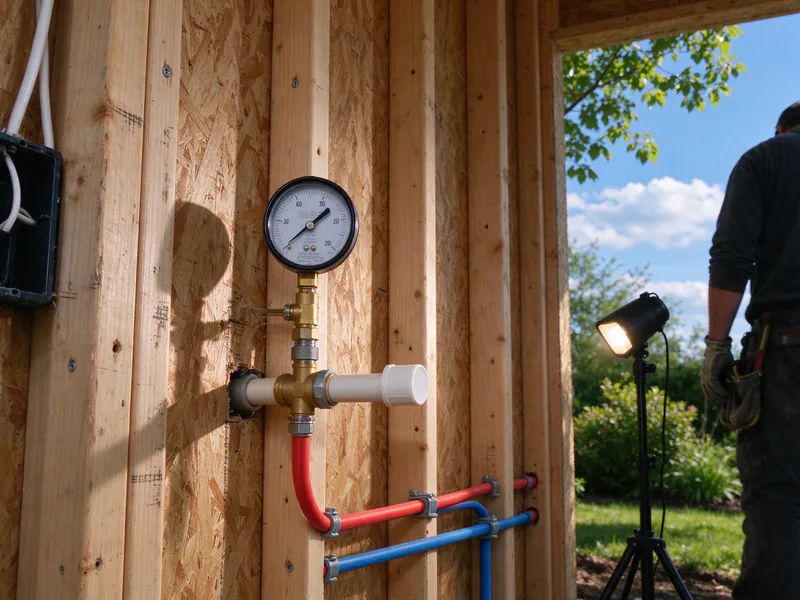 Pressure test gauge on a capped stub-out in an open stud wall, with new red and blue PEX lines in the bay, in a Columbus house