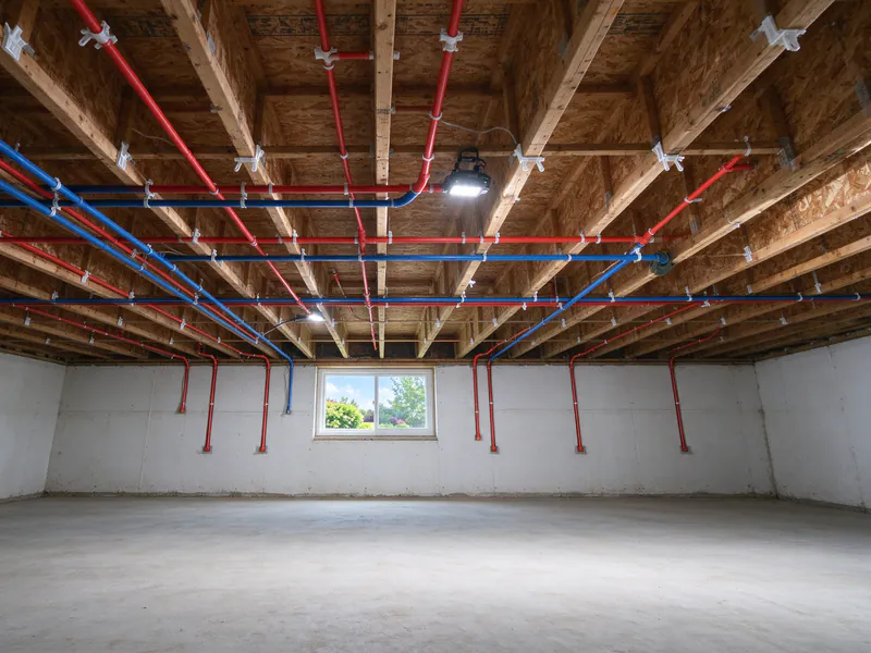 Red and blue PEX lines on white hangers across bright basement ceiling joists, in a Franklin County house