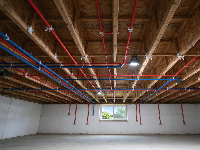 Red and blue PEX lines on white hangers across bright basement ceiling joists, in an older Columbus home