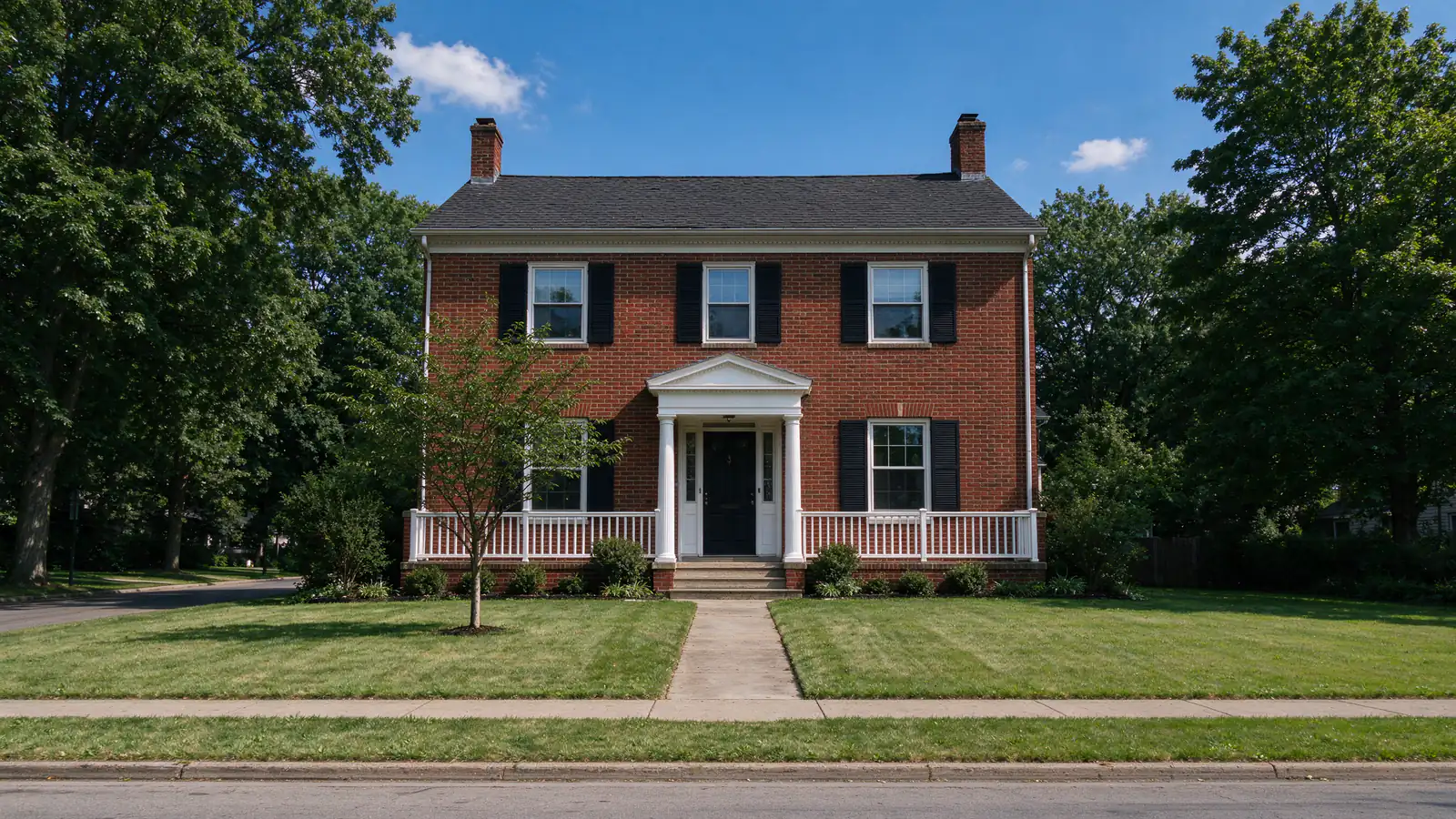 Red brick colonial house with black shutters and a white portico behind a wide front lawn in Upper Arlington, Ohio
