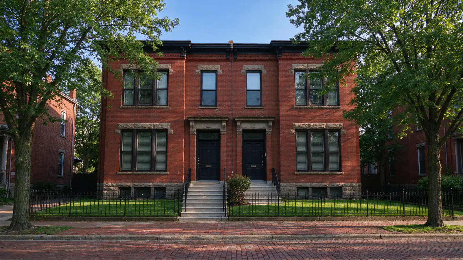 Red brick double with two black front doors on a shared stone stoop and a low iron fence, on a brick street in German Village, Columbus, in a Columbus house