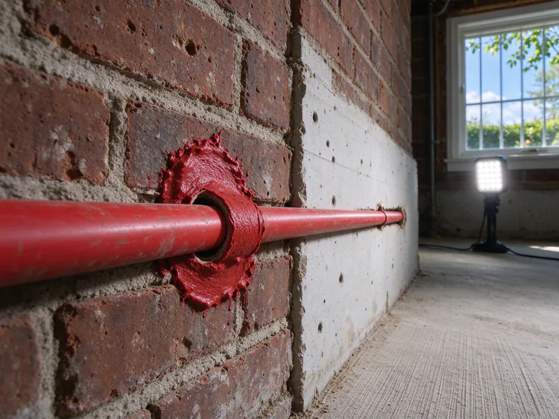 Red PEX pipe passing through a hole in an old brick basement wall, sealed with red fire-stop sealant, in a Columbus house