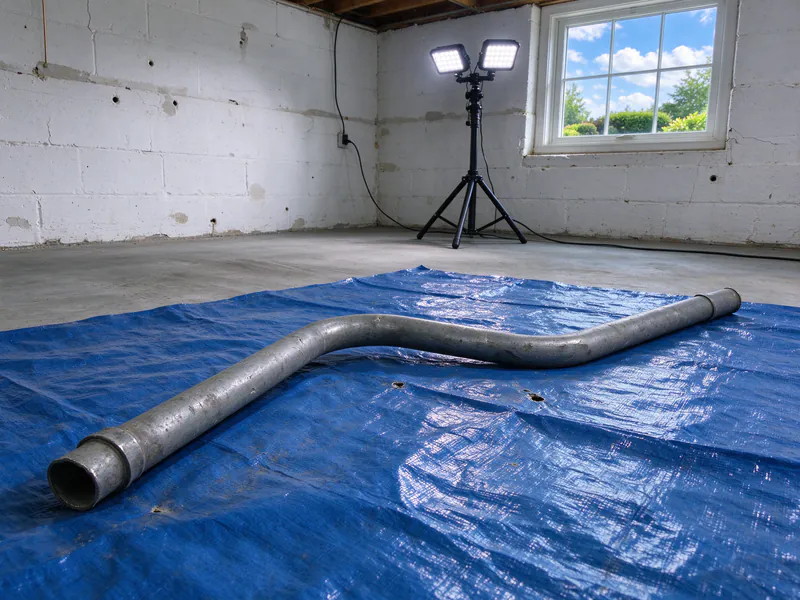 Removed length of bent gray service pipe lying on a blue tarp on a basement floor, in a Columbus house