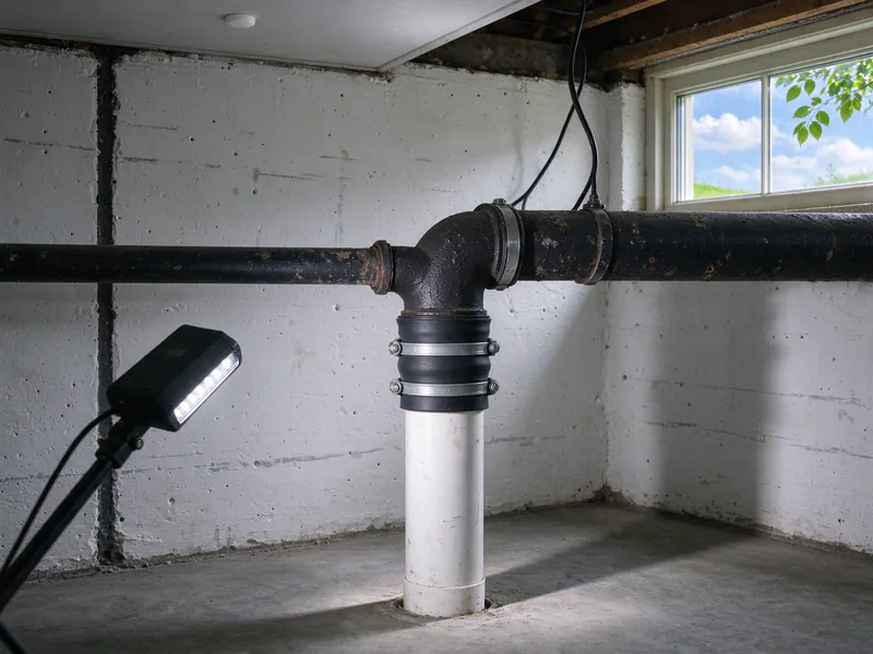 Rubber no-hub coupling with steel bands joining new white PVC to an old cast iron drain in a basement, in a Columbus house