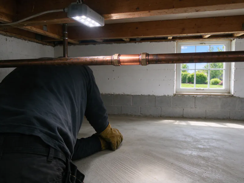 Short new copper section joined into an older copper water line with two couplings under a basement joist, in a Columbus house