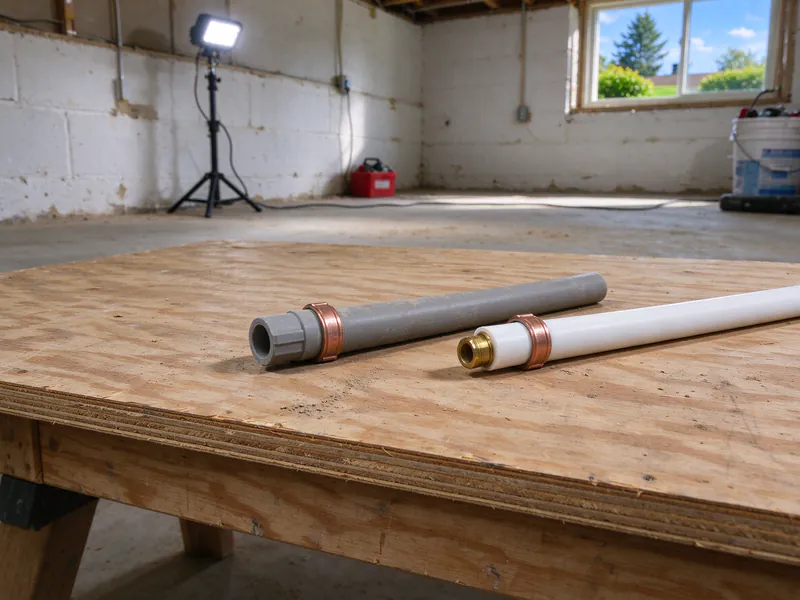 Short pieces of gray polybutylene and white PEX tubing side by side on a plywood workbench, each with a crimp ring, in a Columbus house