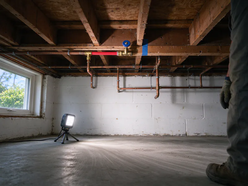 Shutoff valve and brass transition fitting where new red PEX meets older copper in a basement ceiling, blue tape on the joist, in a Columbus house