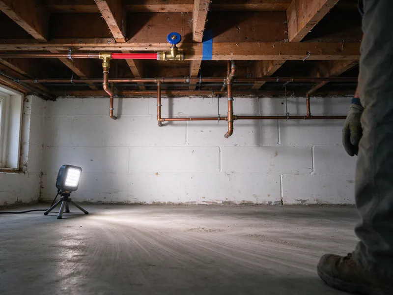 Shutoff valve and brass transition fitting where new red PEX meets older copper in a basement ceiling, blue tape on the joist, in a Franklin County house
