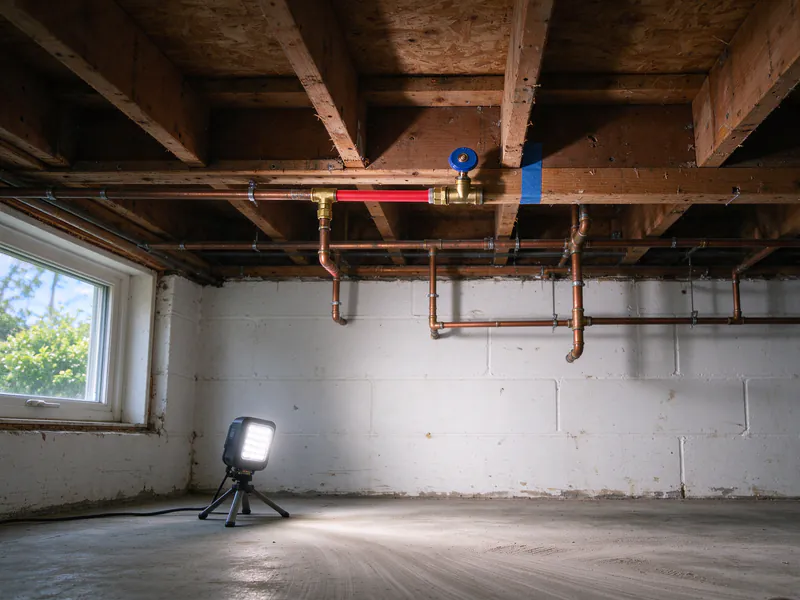 Shutoff valve and brass transition fitting where new red PEX meets older copper in a basement ceiling, blue tape on the joist, in an older Columbus home