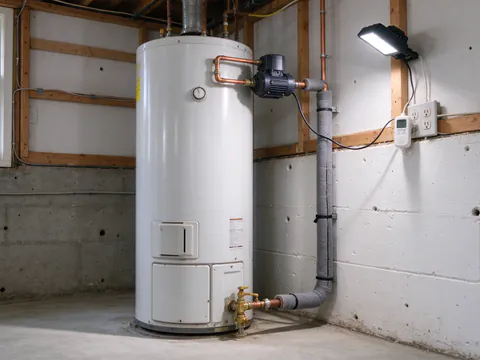 A small circulator pump with a timer mounted on the hot water outlet of a basement water heater, with insulated return line beside it