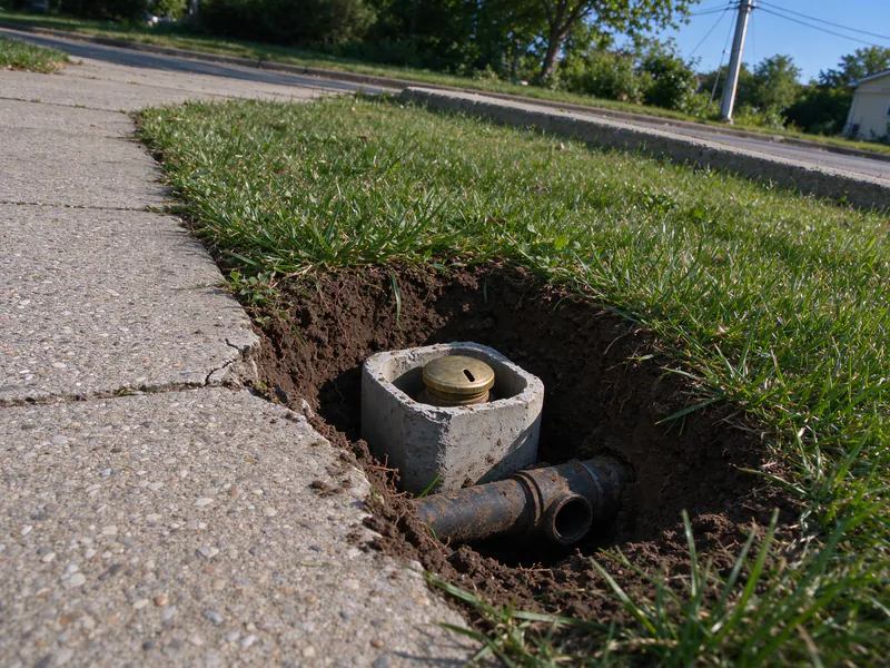 Small pit beside a sidewalk exposing a curb valve box and an old service pipe, in a Columbus house