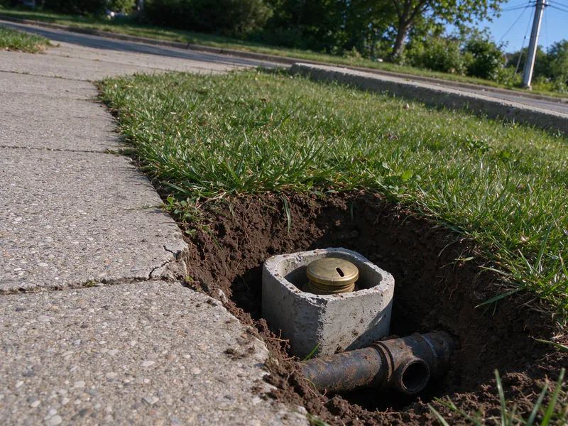 Small pit beside a sidewalk exposing a curb valve box and an old service pipe, in an older Columbus home