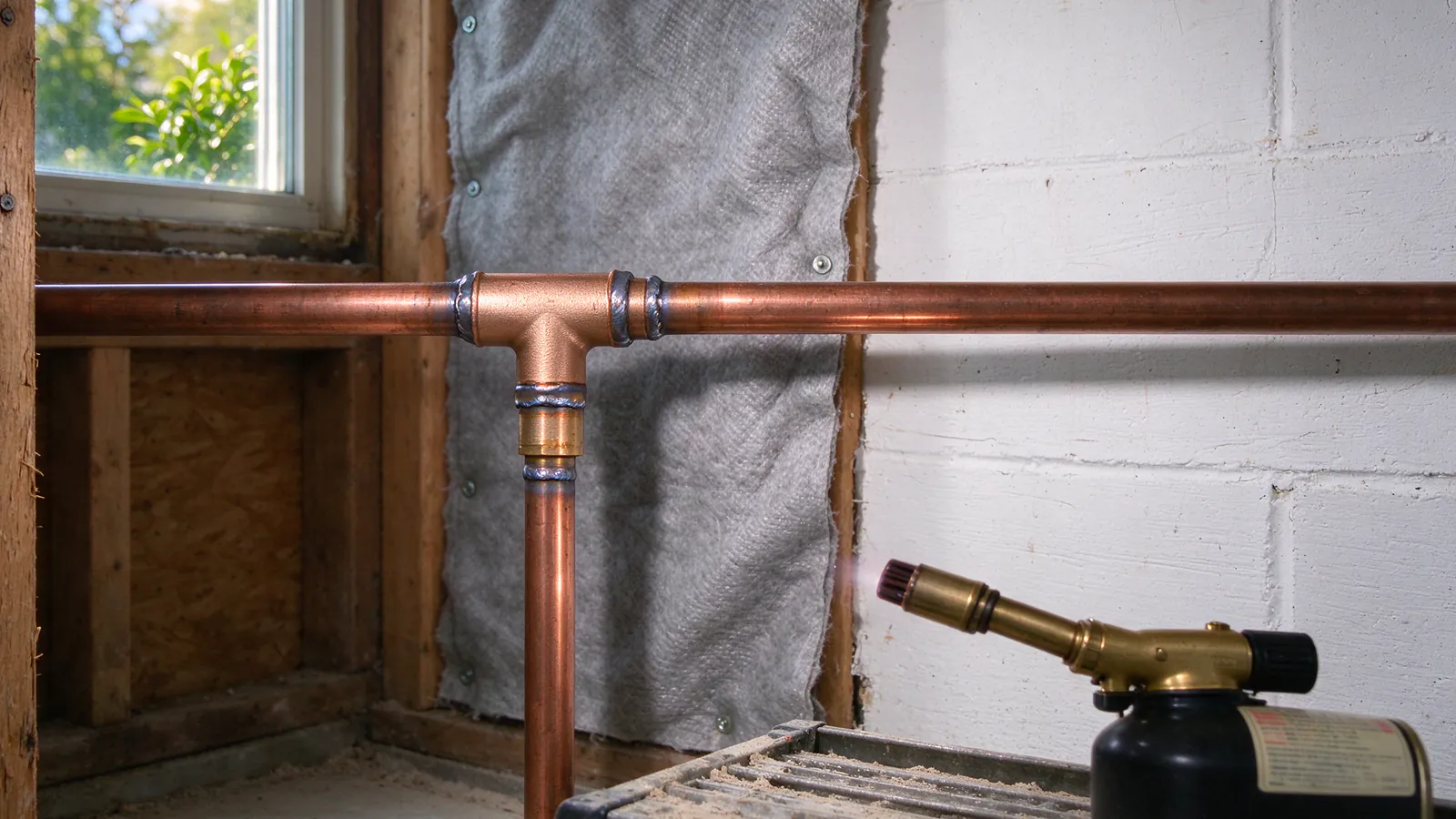 Printed plumbing code pages with tabbed sections on a workbench beside a PEX fitting, a copper elbow and a brass shutoff valve