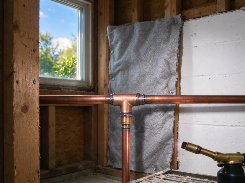 Soldered copper tee on a water line against framing, with a gray heat-shield cloth behind it and a torch on a ladder, in an older Columbus home