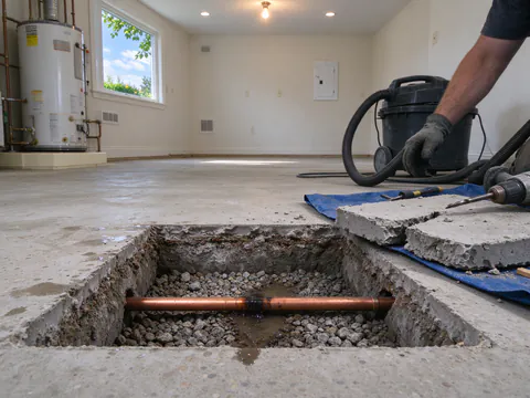 A square cut in a concrete floor exposing a copper water line in gravel, with the removed concrete piece set beside it