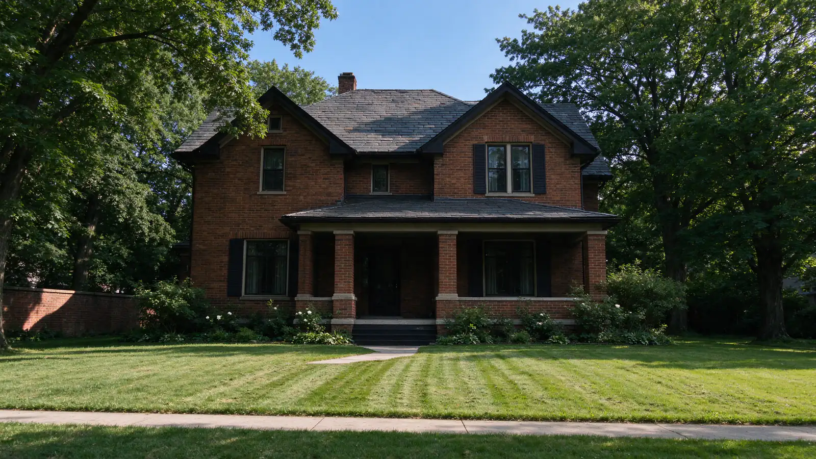 Two-story brick house with a slate roof and a brick-columned front porch behind a deep lawn in Bexley, Ohio