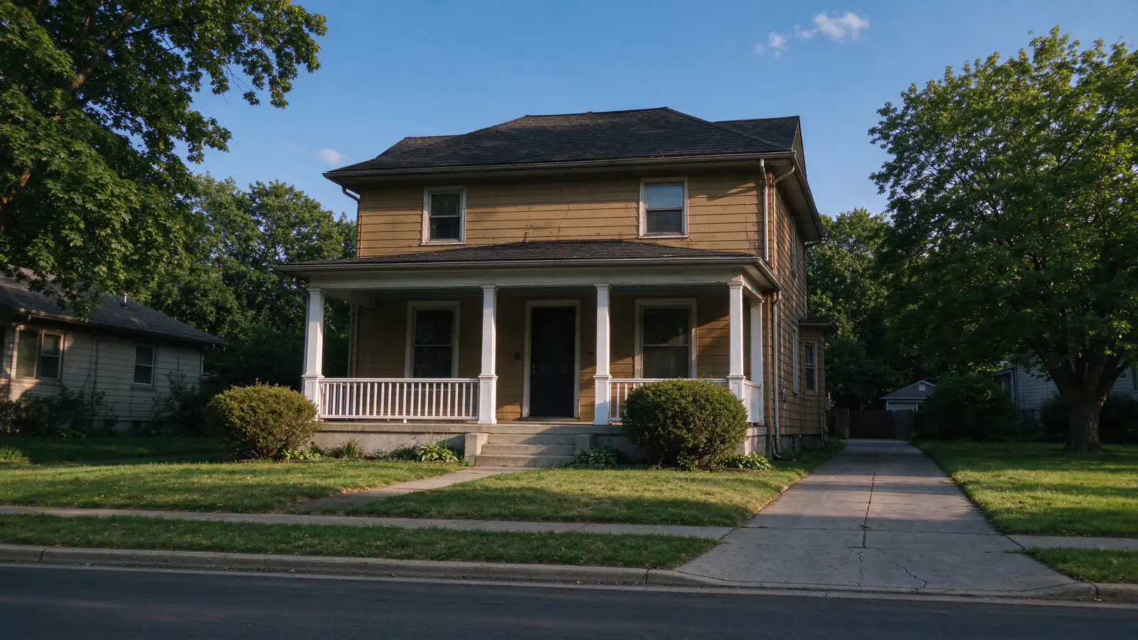 Two-story tan house with a full-width front porch and a narrow driveway on a side street in Grandview Heights, Ohio