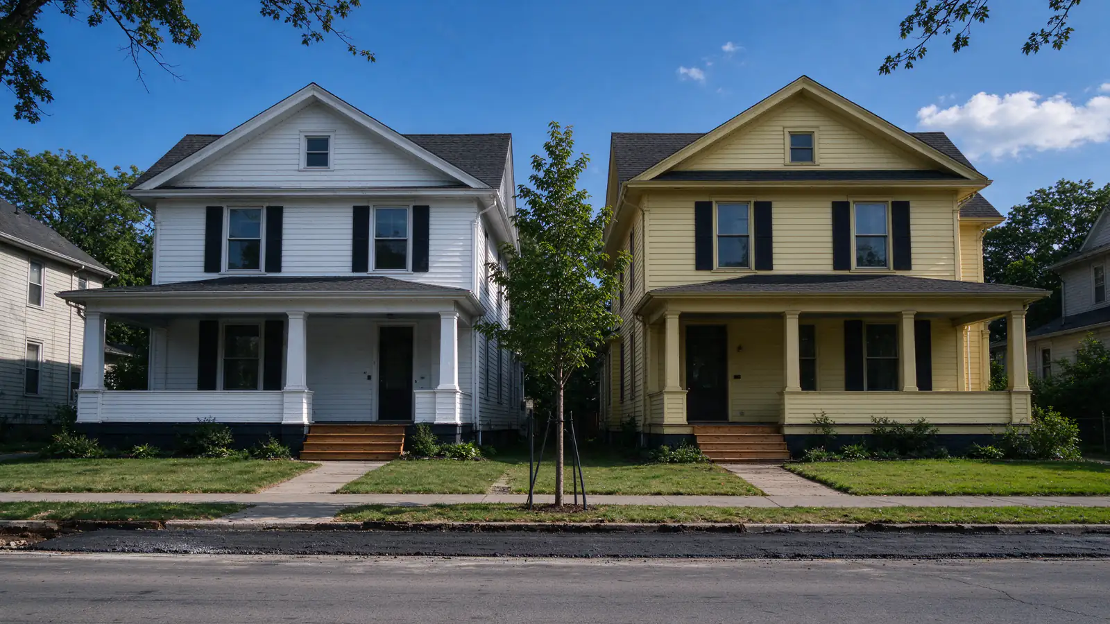 Two-story white and yellow frame houses with deep front porches and a fresh asphalt patch along the curb on the Hilltop, Columbus