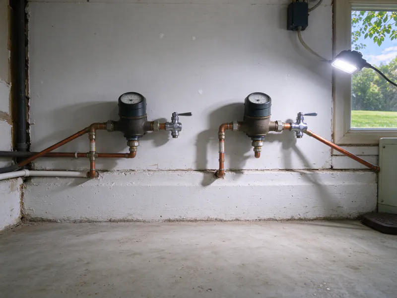 Two water meters side by side on a white basement wall, each with a new shutoff valve after it, in a Columbus house