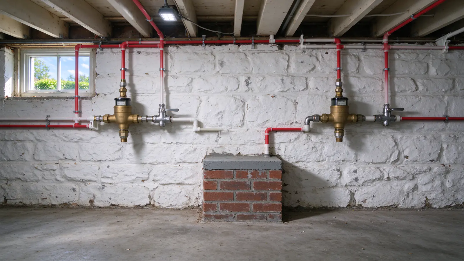 Two water meters side by side on a basement wall of a brick double, each with a new shutoff valve and PEX lines leading off in different directions