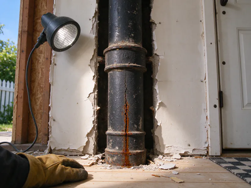 Vertical crack with rust weeping down an old cast iron drain stack in an opened wall, in a Columbus house